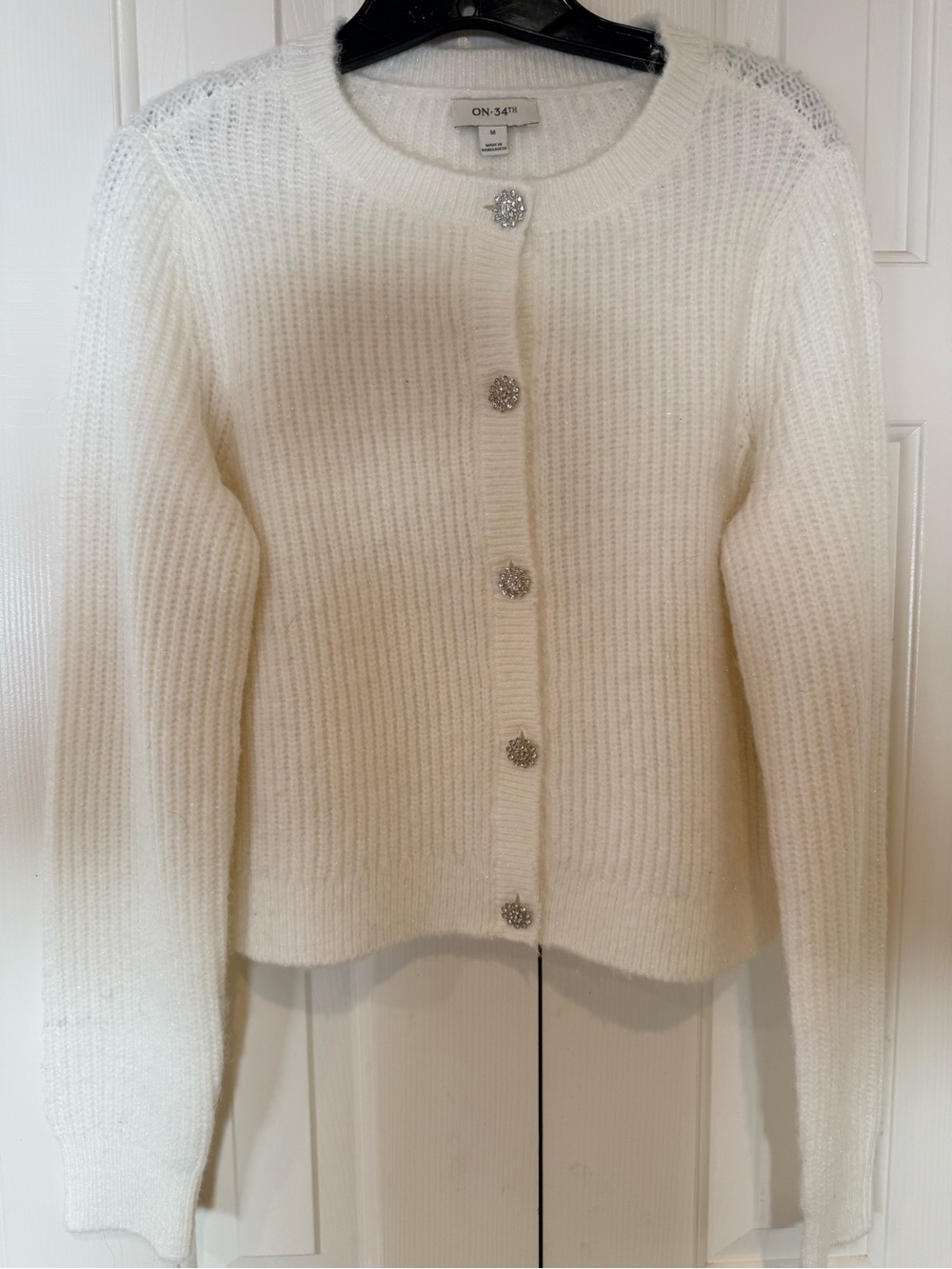 On 34th White Ivory Glitter Rib Knit Cardigan with Decorative Rhinestone Buttons